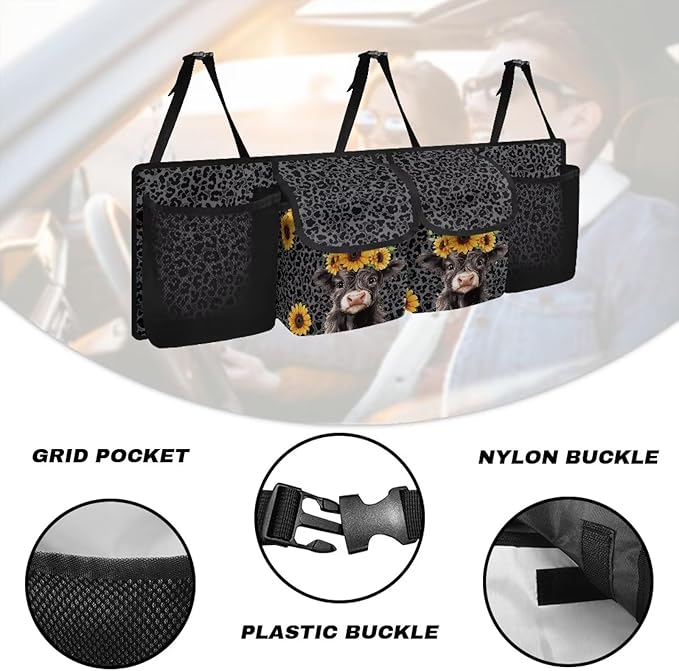 Sunflower Highland Cow Car Trunk Organizer Black Leopard Print Hanging Cargo Storage Bag Large Capacity Car Organization