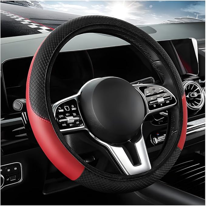 Elastic Steering Wheel Cover, Microfiber Leather Carbon Fiber Steering Wheel Protector, Steering Wheel Cover with Anti-Slip Lining, (Black+Red, AD)
