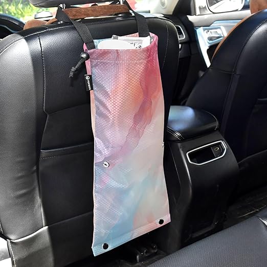 ALAZA Hanging Car Trash Bags Garbage Bag Trash Can for Back Seat Small Marble Pink Watercolor Washable Storage Bag Retractable 2 Pack
