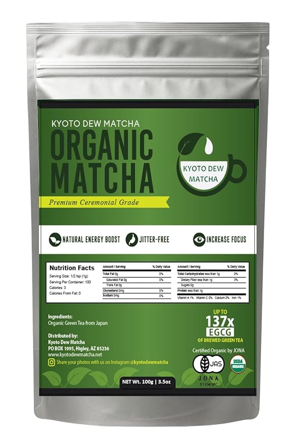 Kyoto Dew Matcha - Ceremonial Blend – Authentic Japanese First Harvest - USDA & JAS Organic Ceremonial Grade Matcha Green Tea Powder from Uji, Kyoto, Bag (3.5oz)