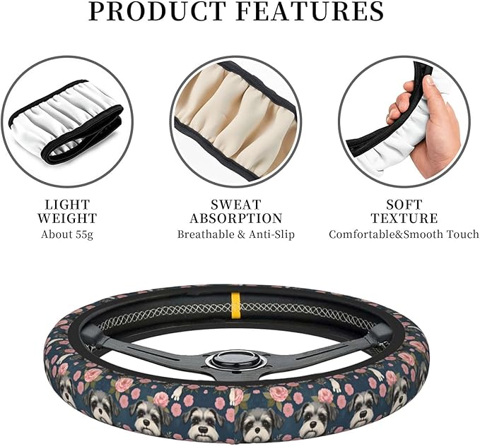 Schnauzer Dog and Vintage Florals Universal Fit Steering Wheel Cover for Car, Truck, and SUV, Durable Steering Wheel Protection