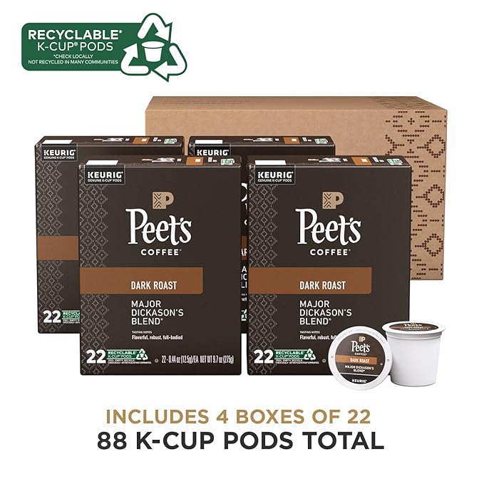 Peet's Coffee, Dark Roast Keurig K-Cup Pods, 100% Arabica Coffee - Major Dickason's Blend 88 Count (4 Boxes of 22 K-Cup Pods)