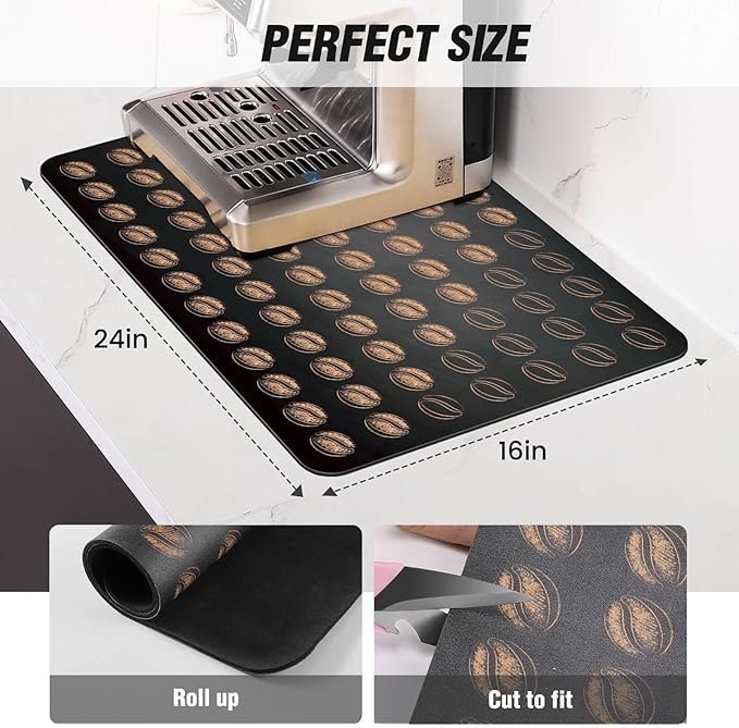 DK177 Coffee Mat - Dish Drying Mat for Kitchen Counter , Hide Stain, Absorbent with Waterproof Rubber Backing, Fit Kitchen Dish Rack Bar Accessories, 24" x 16"
