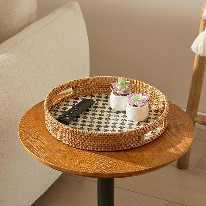 YANGQIHOME Round Rattan Tray with Handle, Mother of Pearl Inlay Decorative Wicker Basket for Coffee, Bread, Fruits, Serving Tray for Home Decor, Checkerboard