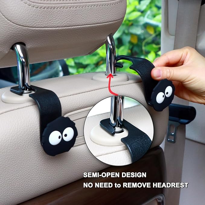 Cute Soot Sprite Car Seat Headrest Hooks, 2 Pack 360° Rotation Kawaii Car Accessories, 44LBS Heavy Duty Universal Car Purse Hook for Bags Coats, Black Cartoon Vehicle Holder (Sprite-Eyes)