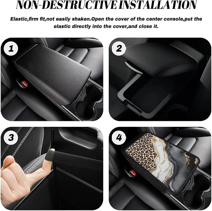 BIGCARJOB Marble Texture Armrest Cover for Car Center Console,Leopard Print Car Center Console Cover Automotive Car Armrest Cover Cushion with Side Pockets,Universal for Most Cars