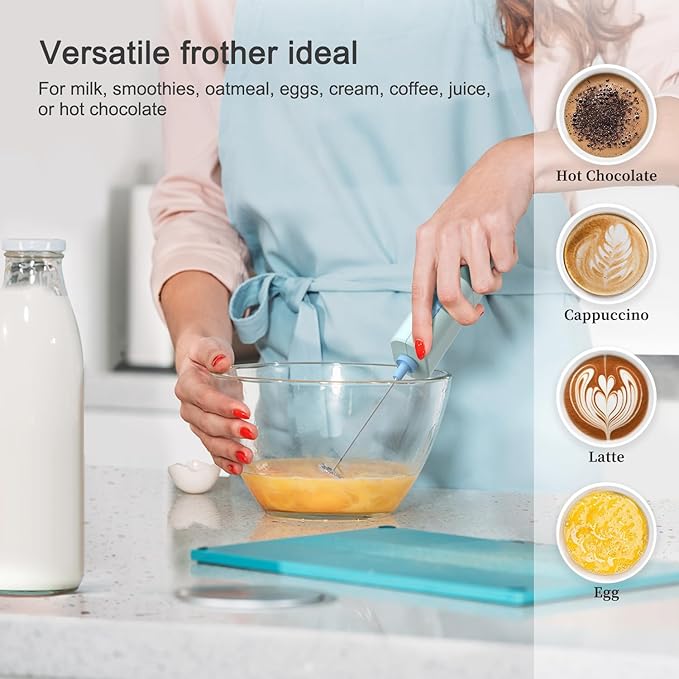 Portable Coffee Frother by ELMWAY, Battery Operated Electric Whisk, Mini Milk Frother Handled for Coffee, Latte, Matcha and Protein Powder - Light Blue