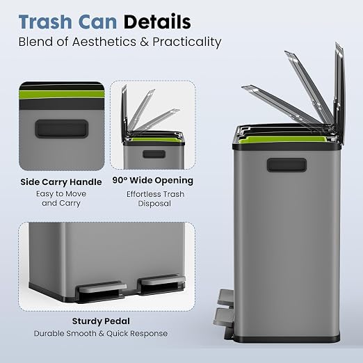 DUMOS Kitchen Double Trash Can, 2x8-Gallon Dual Trash Can with Lid, Stainless Steel Garbage Bin with 2 Removable Inner Buckets, Soft-Close Foot Pedal for Kitchen, Home, Office, Matte Gray