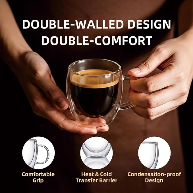 5.4 Oz Double Wall Insulated Espresso Cups Set of 2, Small Clear Glass Coffee Cups Demitasse Mugs & Shot Glasses