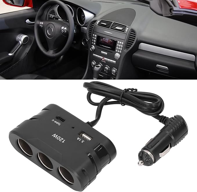 Tyenaza Cigarette Lighter Plug Splitter Adapter 1 to 3 3 Socket Multi Port Power Plug Car Charger TYPE C with USB 12V 24V 120W