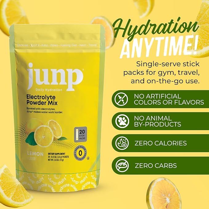 JUNP Sugar Free Electrolytes Powder Packets for Water Instant Hydration Packets with Salt & Potassium, Zero Calorie, No Carbs, No Sugar Electrolyte Drink Mix Sticks, Keto Friendly, Lemonade 5 Pack