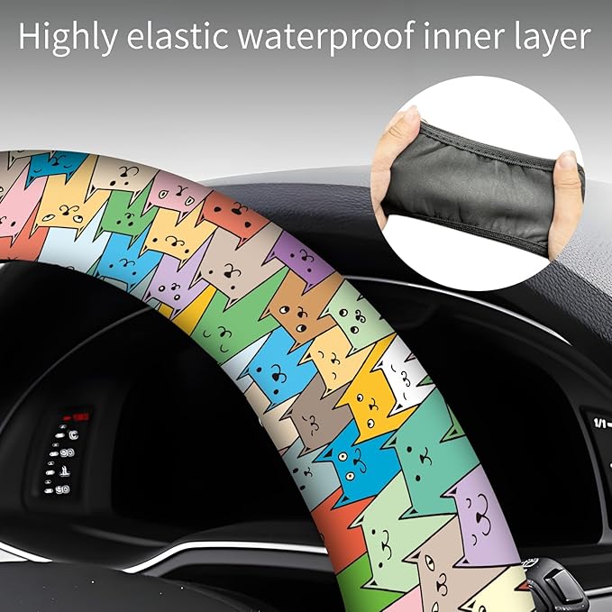 Steering Wheel Covers for Car, Truck, and SUV, Cute Non-Slip Breathable Elastic Steering Wheel, Car Accessories, Universal 15 Inch Leather Cover for Men Women Cute Colorful Cats