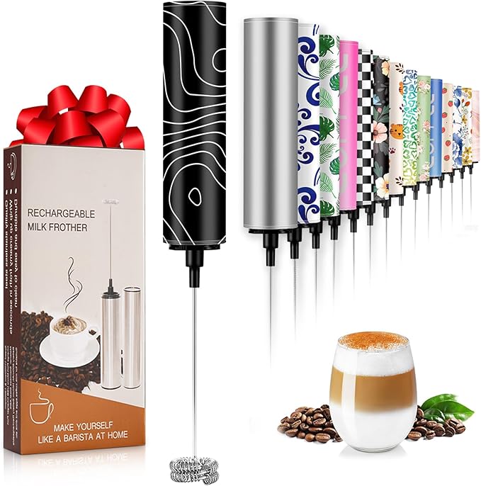 Milk Frother Handheld Rechargeable - 2-Speed Electric Whisk with 5 Detachable Heads (Frother/Mixer/Whisk) for Coffee, Latte, Cappuccino & Matcha, Drink Mixer (Flower 18)