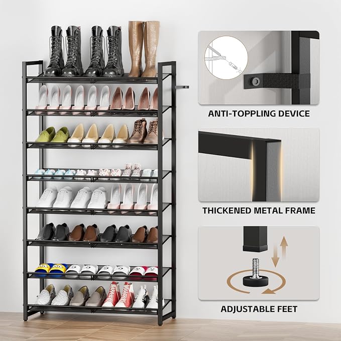 Shoe Rack, 8-Tier Metal Shoe Organizer, Tall Shoe Rack for Closet,entryway,Garage, with Adjustable Flat or Angled Shelves, 32-40 Pairs,Shoes that can accommodate the Whole Family.
