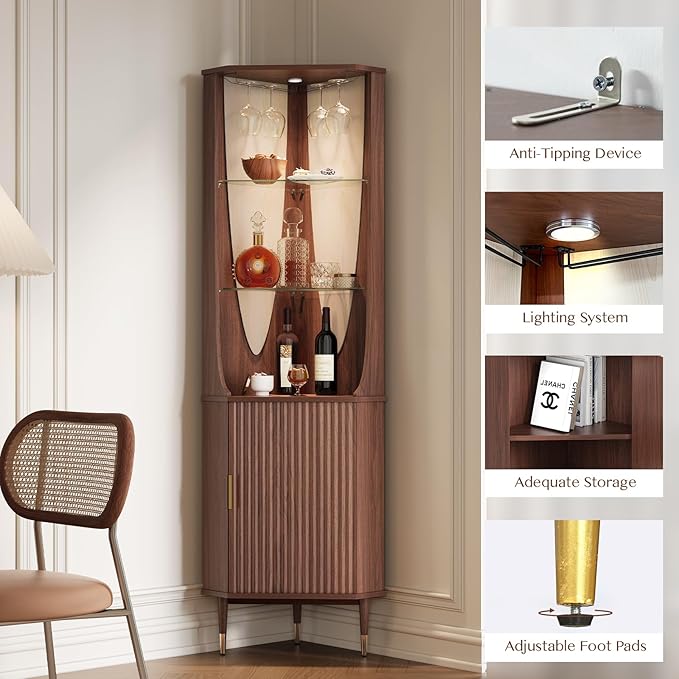 70" Tall Corner Cabinet,Mid Century Modern Cabinet with Doors,Fluted Corner Bar Cabinet with Glass Holder,Lights and Storage Shelves,Wine Bar Cabinet for Liquor, Living Room, Kitchen, Walnut