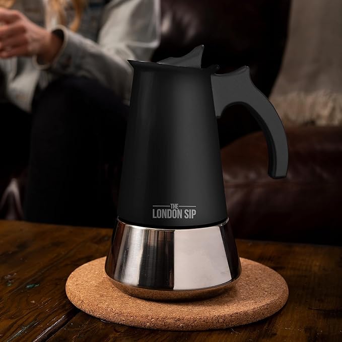 London Sip Stainless Steel Stovetop Espresso Maker Moka Pot Italian Coffee Percolator, Matte Black, 3 Cup