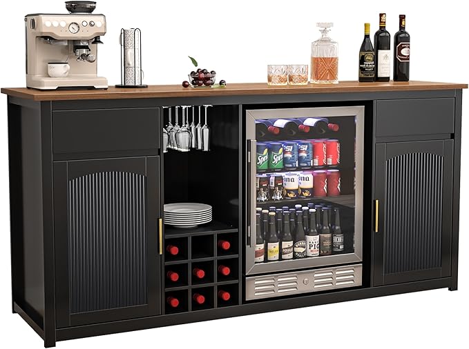 GDLF Extra Long Bar Cabinet with Fridge Space, Modern Wine Liquor Cabinet with Storage and Power Outlet, Buffet Sideboard with Fluted Doors for Home, 78.7 Inch, Black