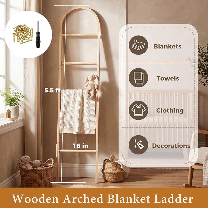 Sintuff Arched Blanket Ladder for Living Room, 5.5ft Wooden Blanket Rack, 5-Tier Natural Leaning Ladder Shelf for Farmhouse Bedroom Living Room Bathroom Decor(Arch,Oak)