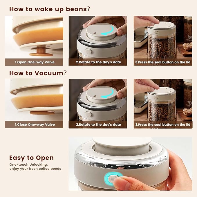 Daily Treasures Kitchen Coffee Canister with One-way Valve Airtight Lid,Sealed Container with Freshness Tracker,Clear Borosilicate Glass Coffee and Sugar Jars for Coffee Bean,60oz/1800ml