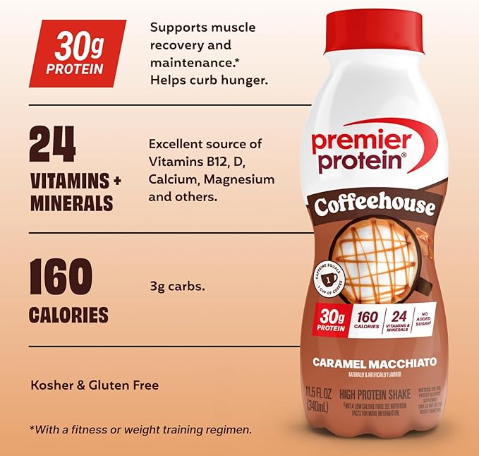 Premier Protein COFFEEHOUSE Caramel Macchiato Protein Shake with Caffeine for Energy – 30g Protein, No Added Sugar, 24 Vitamins & Minerals, 11.5 fl oz, 12 Pack