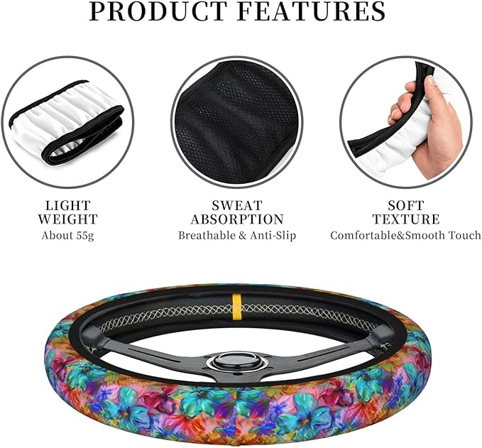Blue Orange Flowers Steering Wheel Cover for Women Men Girls, Car Accessories Decor Thickened Anti-Slip Auto Steering Wheel Covers Protector Universal Fit 15 Inch for Cars, Truck, SUV