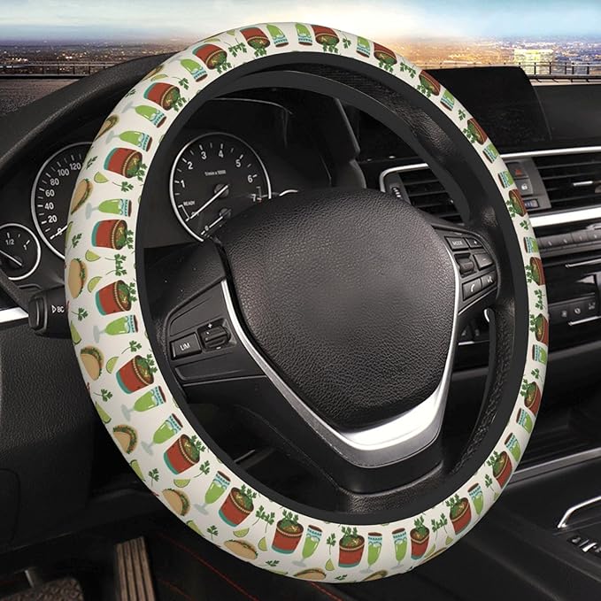Tacos Burritos Margaritas Cilantro Neoprene Steering Wheel Covers Women Men Car Accessories, Universal 15 Inch Fit Auto, Suvs, Truck