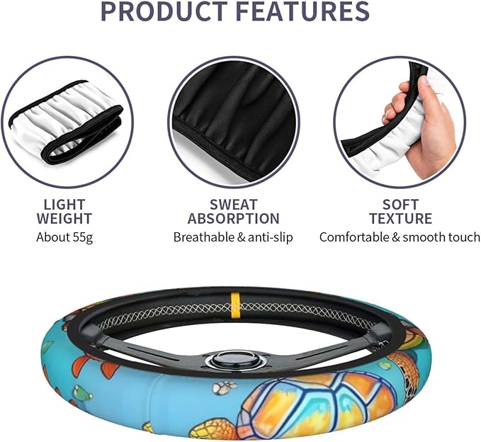 Turtle and Fish Steering Wheel Cover. Car Decor,Anti-Slip,Sweat Absorption,Easy Carry, Universal 15 Inch, 11103