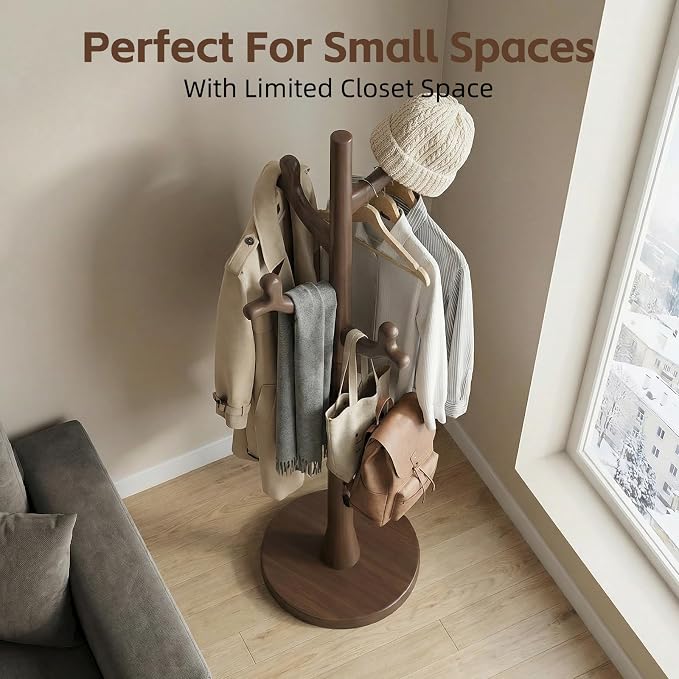 Uniclinens Coat Rack Freestanding Solid Wood Coat Tree Standing with 4 Hooks, Coat Rack Stand Creative Tree Branch-look (Dark Walnut)