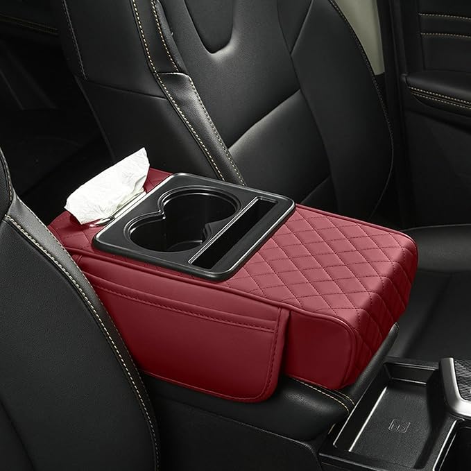 Car Armrest Box Mat, 5-in-1 Center Console Cover Cushion with Cup Holder Tissue Slot, Universal PU Leather Car Box Pad for Sedans Car Accessories Interior Organizers (Multi H08)