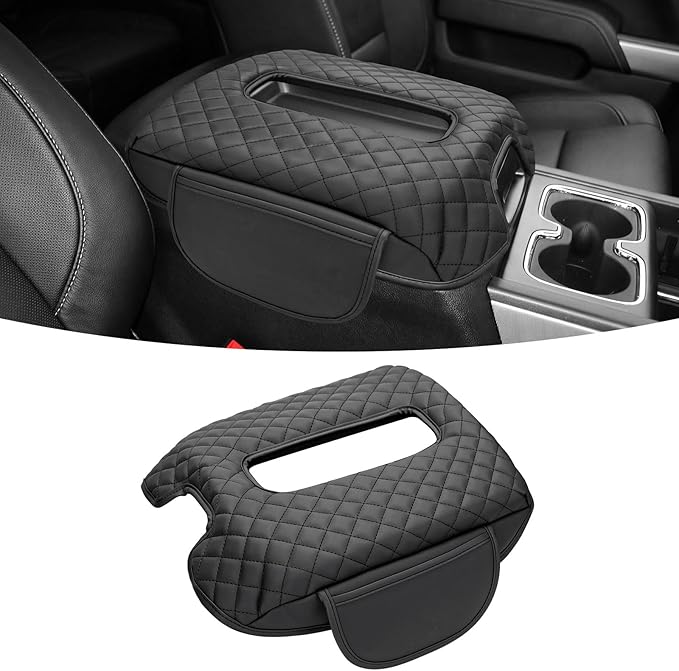 FUNY Center Console Cover Compatible with 2014-2018 Silverado Sierra, Middle Console Cover Lid, Car Arm Rest Covers Cushion Pad, Bucket Seat Middle Console Armrest Box Leather Protective Cover