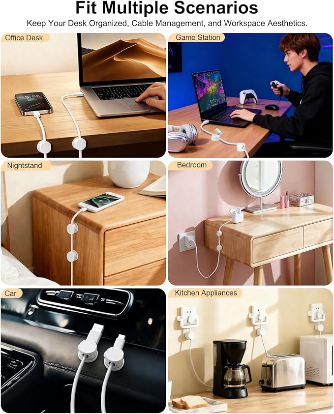 OneLeaf 12 Pack Spring Cable Clips for Phone Charger, One-Hand Cord Holder for Nightstand & Desk, Rotatable Desk Cable Management with Strong Adhesive, White
