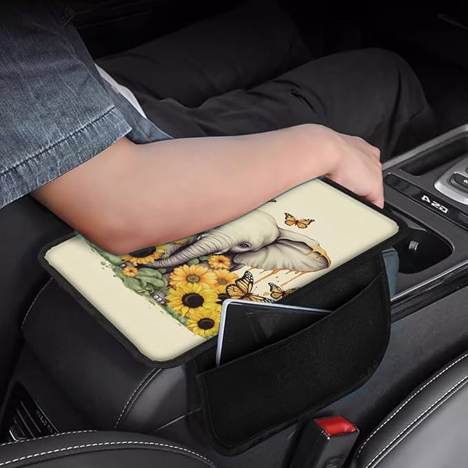 BIGCARJOB Cute Elephant Car Armrest Storage Box for Center Console,Universal Center Console Armrest Pads for Truck Cars Interior Accessories Sunflower Print Car Armrest Seat Box Cover