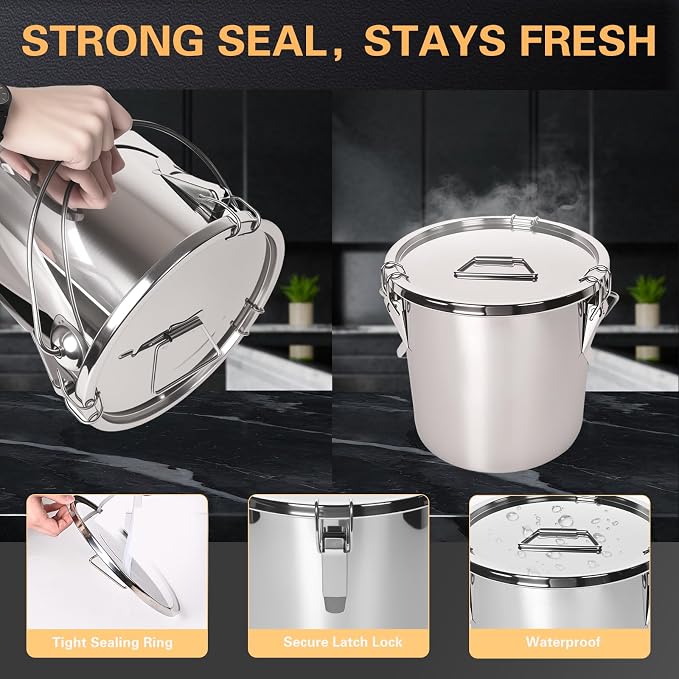 21L/5.6GAL and 12L/3.2GAL Stainless Steel Airtight Canister, Food Storage Canisters with Lid&Locking Clamp for Rice Flour Sugar Grain Coffee Bean Storage Containers (12L & 21L,2 CANISTERS)