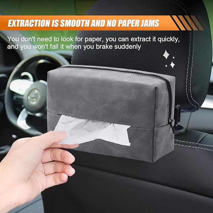 Car Tissue Holder, Rectangular Tissues Box Cover, Back Seat Tissue Dispenser for Tissues, Car Napkin Holder with Elastic Band, Fits for Storage & Organizer (Grey)
