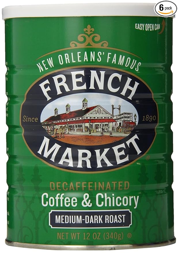 French Market Coffee & Chicory Decaffeinated Medium-Dark Roast Ground Coffee, 12oz Can (Pack of 6)