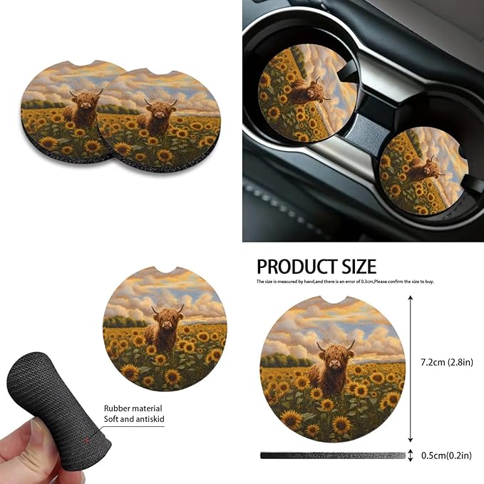 10 Piece Car Seat Cover Sets for Women and Men, Highland Cattle Sunflower Printed Car Front and Back Seat Protector Steering Wheel Cover Trash Can Air Vent Storage Bag Wristlet Keychain