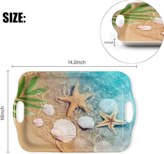 Serving Tray Decorative Tray with Handles Multi-Purpose Rectangular Serving Trays for Restaurant, Parties, Coffee Table, Kitchen - Starfish Beach