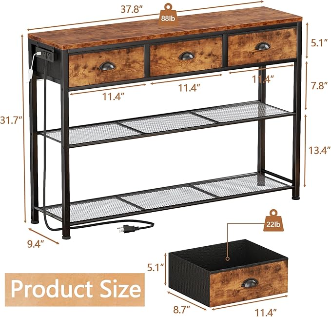 Furologee Console Table with Charging Station & 3 Fabric Drawers, 38'' Entryway Table with Storage Shelves and LED Light for Entry Way, Industrial Display Shelf for Hallway, Foyer, Rustic Brown | 3 Fabric Drawers, Storage Shelves, LED Light, Entry Way,...