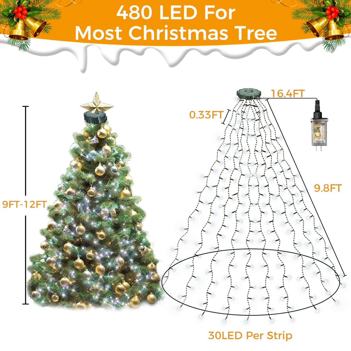litogo Christmas Tree Lights 480LED Fairy Lights 9.8FT Remote 8 Modes Waterproof Dimmable Cool White TL24AC