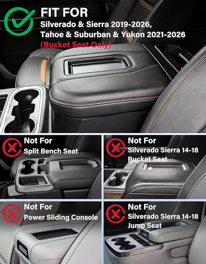 Center Console Armrest Cover for Chevy Chevrolet Silverado 1500/GMC Sierra 2019-2026, Tahoe/Suburban/Yukon 2021-2026, PU Leather Middle Console Lid Protector Cushion Thick Pad Black/Gray(Bucket Seat)