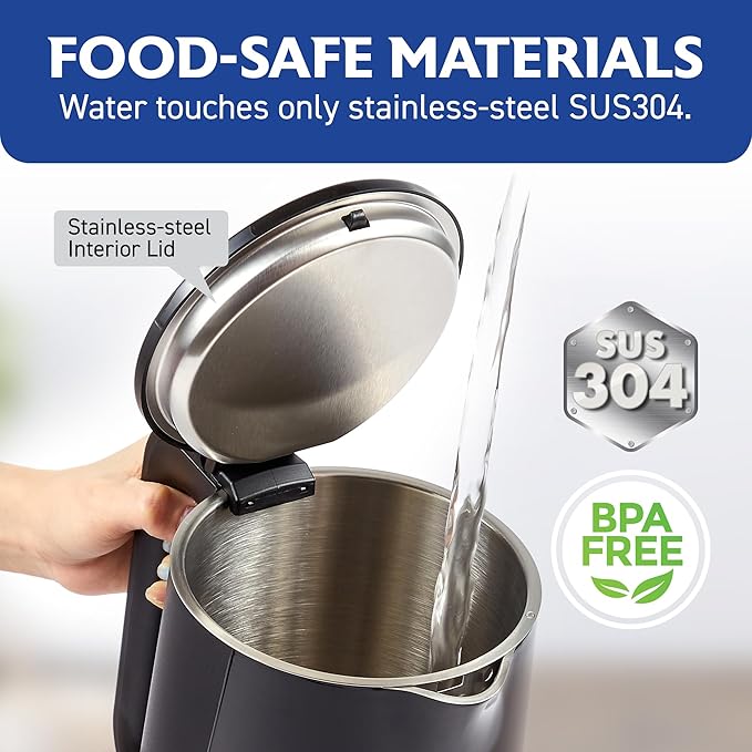 Elite Gourmet 1.7L Cool-Touch 1500W Fast Boil Electric Kettle, Fully Stainless Steel Lid & Interior BPA Free, Double Wall, Auto Shut-Off, Black