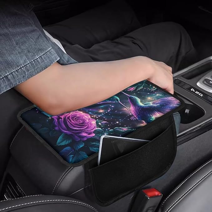 Dreaweet Hummingbird Rose Center Console Cover Fashion Car Accessories for Women,Car Console Covers with Pockets,Universal Armrest Cover Soft Comfy Arm Rest Pad for SUV Truck Van
