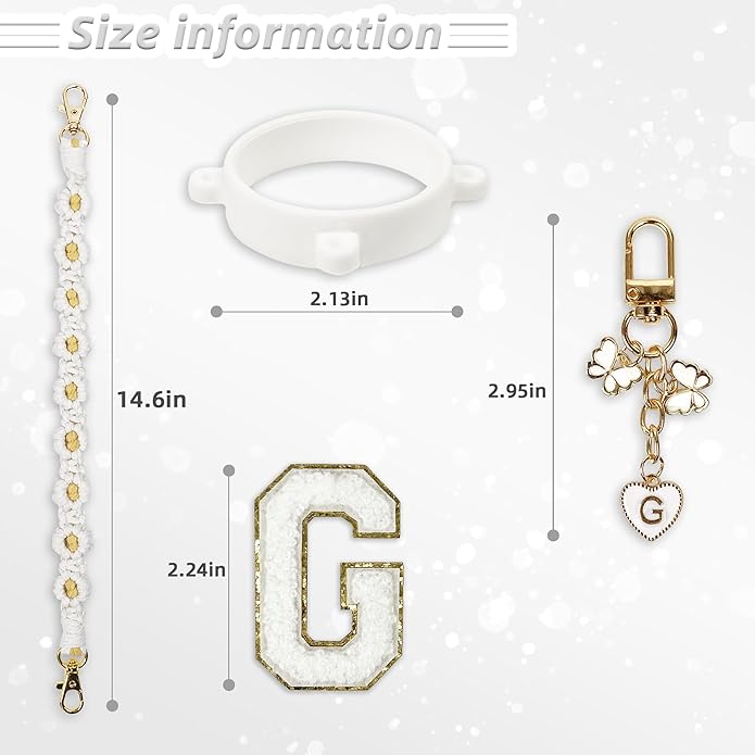 Compatible with Owala Water Bottle Accessories, Cute Letter Charm Set with Boho Handle Strap, Monogram Sticker, Silicone Ring, Keychain Decoration, for FreeSip 24 32 40oz, Owala Kids, Tumbler Gift