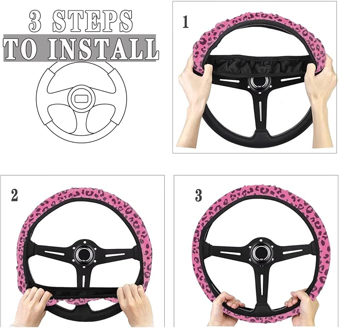 Universal Non-Slip Steering Wheel Cover, 15-inch Polyester Material Driving Accessories, Adjustable for Car and Truck(Rose Pink Leopard)