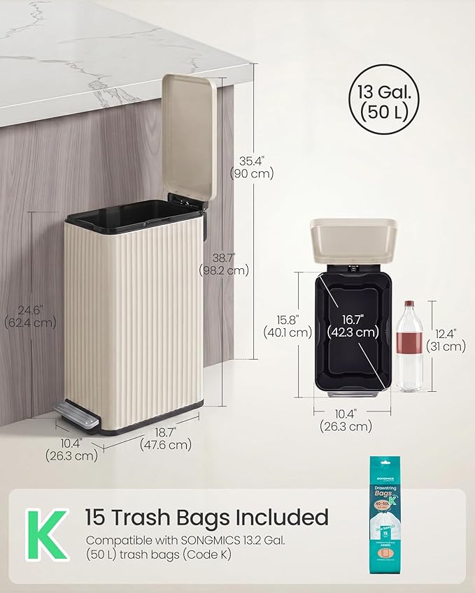 SONGMICS Trash Can, 13 Gallon (50 L) Slim Garbage Can for Kitchen, with Soft-Close Lid, Pedal, Removable Inner Bucket, Stainless Steel, 15 Trash Bags, Space-Saving, Cream White ULTB350LZ01