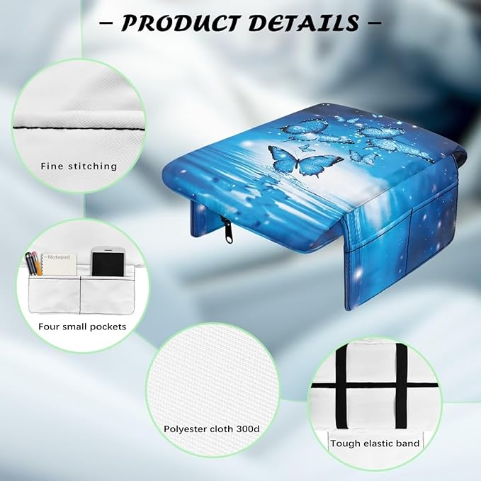 Dreaweet Car Armrest Cover Blue Butterfly Car Accessories Thick Center Console Cover Pad Universal Arm Rest Cover for Car Console Covers with Pockets for Truck Sedan SUV