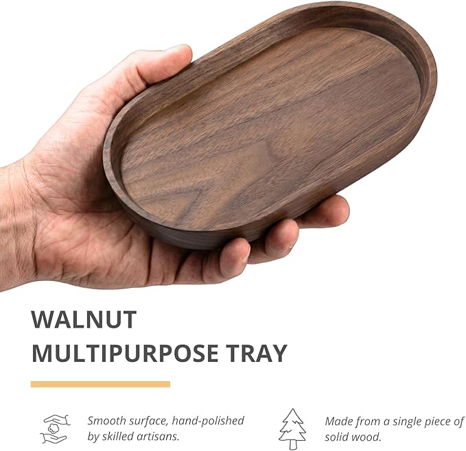 Mini Serving Trays for Parties, Small Decorative Tray for Tea＆Coffee, Oval Wooden Plates for Serving Food for Appetizer＆Vegetables for Bathroom 7.8"×4.6" (Walnut, Set of 2)