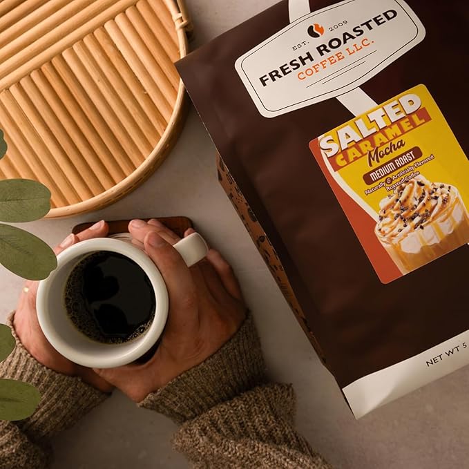Fresh Roasted Coffee, Salted Caramel Mocha Flavored Coffee,5 lb, Medium Roast, Kosher, Ground