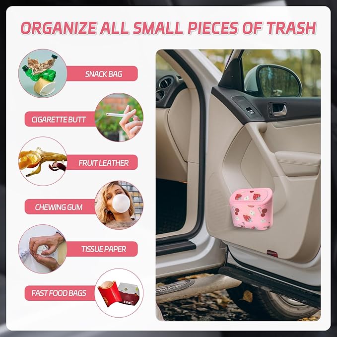 Mini Car Trash Can with Lid – Cute Strawberry Pink Trash Can for Women with 5 Bags, Girly Automotive Organizer for Front and Back Seat, Car Accessories for Teen Girls, SUV, Truck, Sedan