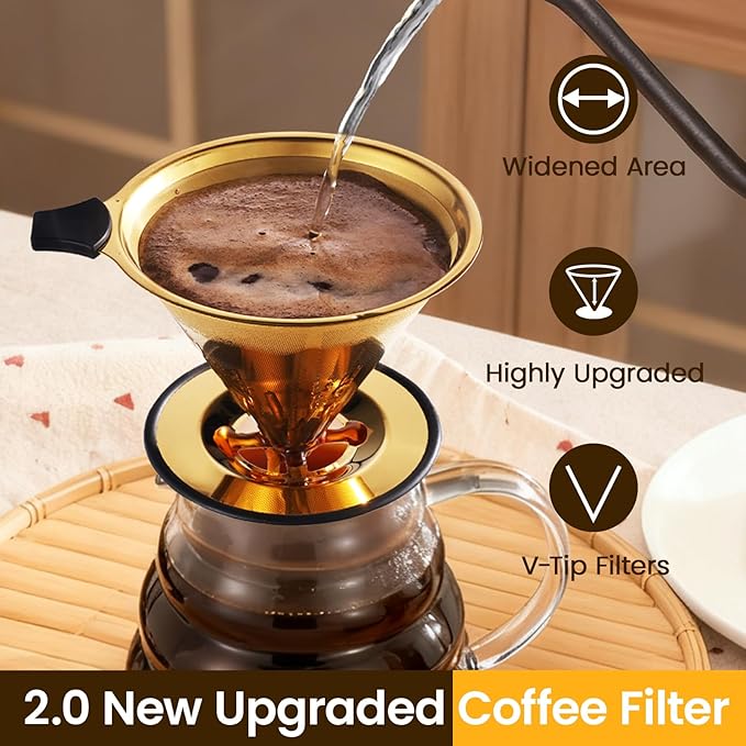 【2.0 Upgraded】 Pour Over Coffee Dripper – Paperless Reusable Stainless Steel Double-Mesh Cone Filter, Single Cup Pour Over Coffee Maker for Perfect Extraction (1–6 Cup)